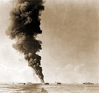 LST Burns in Leyte Gulf